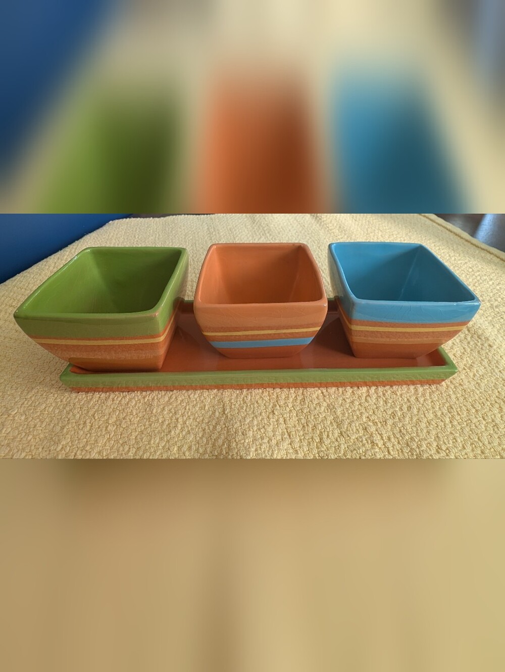 Hallmark Ceramic Square Bowls in Orange, Blue, and Green with tray